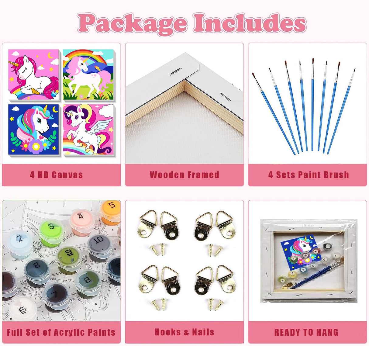 4 Pack Cartoon Paint by Number for Kids with Wooden Frame, Cartoon Paint by Numbers for Kids Ages 4-8-12, Easy Painting with Numbers DIY Acrylic Oil Painting Kits for Home Wall Decor (8X8 inch) xackcme