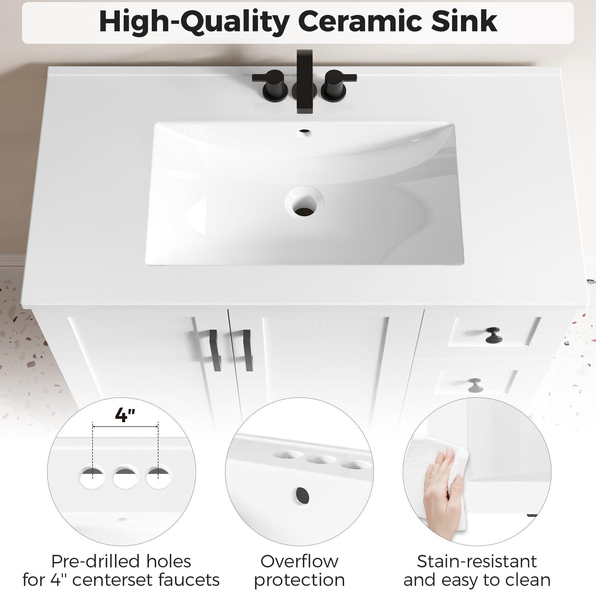IRONCK 36" Bathroom Vanity with Sink, Freestanding Modern Bathroom Vanity Cabinet with 2 Soft-Close Doors & 2 Storage Drawers, Undermount Rectangular Ceramic Sink, Assembly Required, White IRONCK