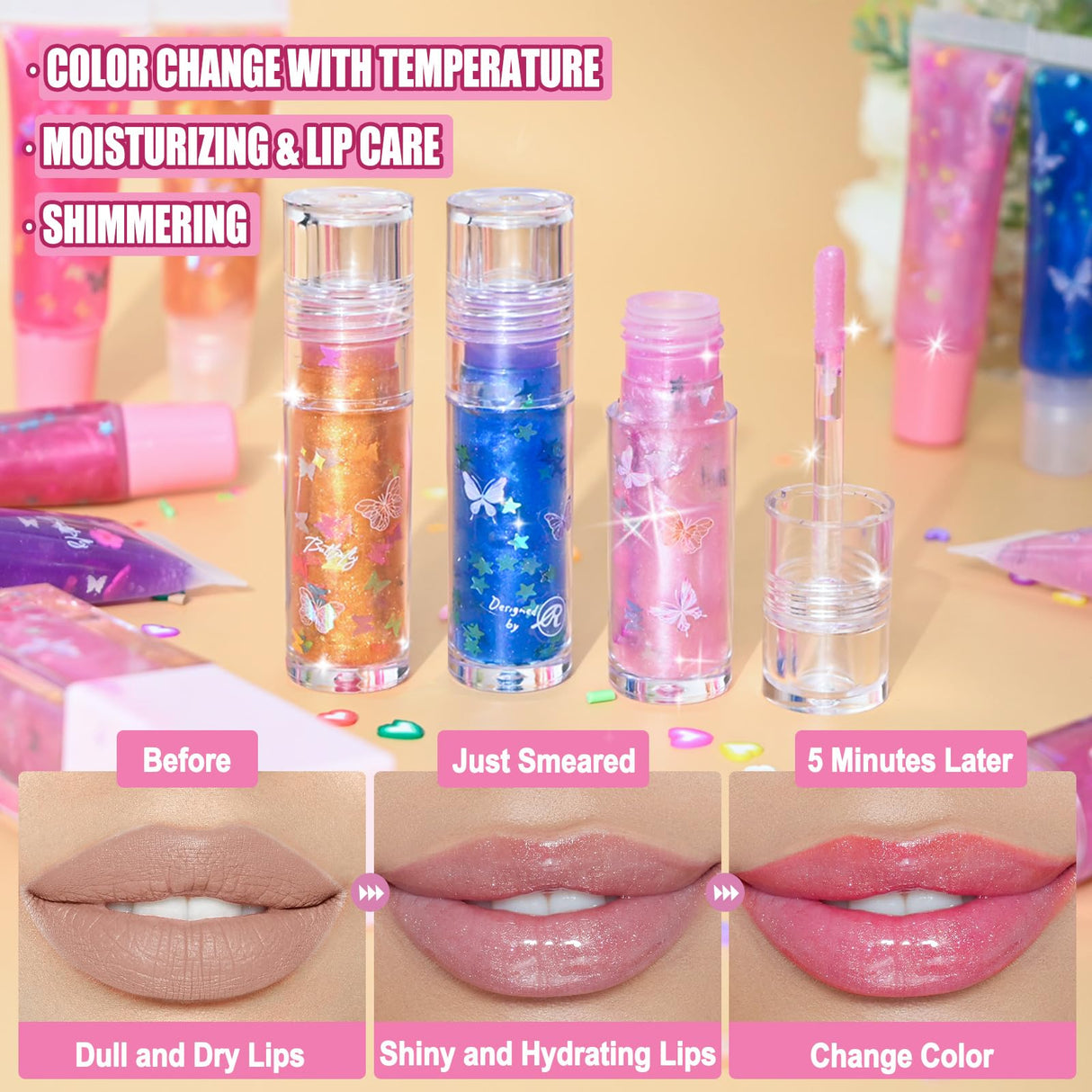 JCOOS Color Changing Lip Oil Kit, 64PCS Make Your Own Flavored Lip Gloss, Moisturizing Lipgloss Sets for Girls & Kids Jcoos