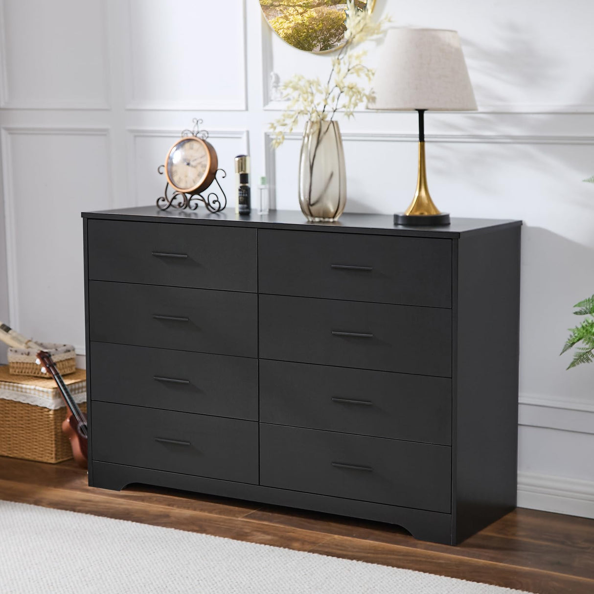 Black Dresser for Bedroom Wooden, 8 Drawer Dressers & Chests of Drawers, Modern Wood Tall Dresser, 48 Inches Wide Chest of Drawers for Bedroom, Hallway, Living Room LIDYUK