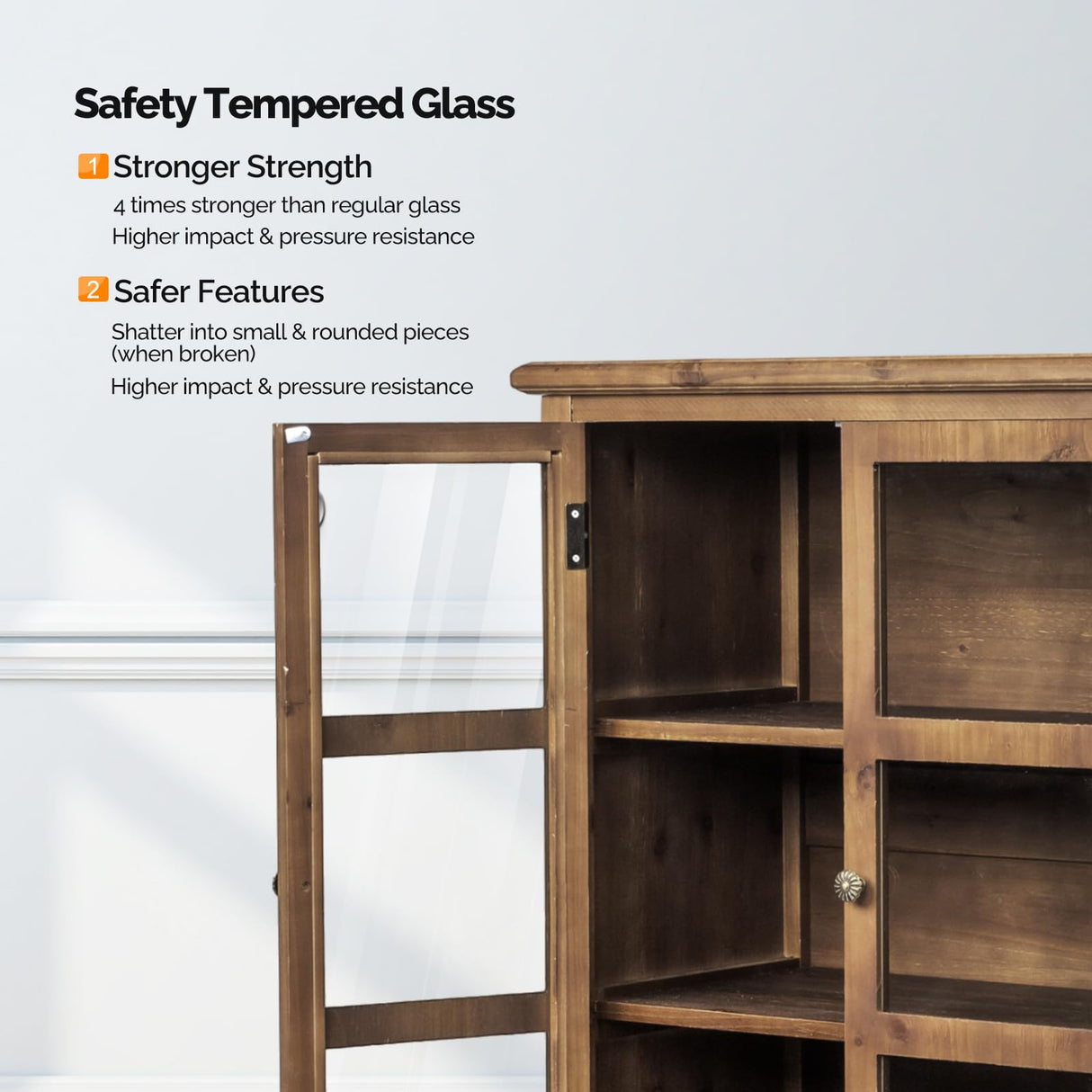 VINGLI Storage Cabinet,Display Cabinet with Glass Doors, Glass Door Cabinet, Rustic Storage Cabinet with Doors and Shelves, Showcase Display Cabinet with Cedar Wood Finish, Walnut VINGLI