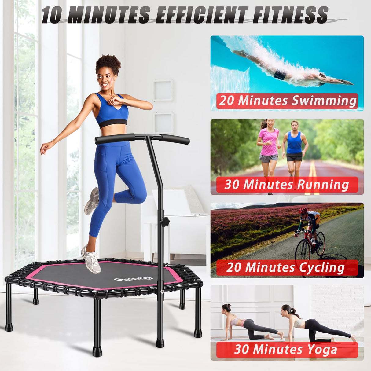 Newan 48'' Fitness Trampoline with Adjustable Handle Bar, Silent Trampoline Bungee Rebounder Jumping Cardio Trainer Workout for Adults - Max Limit 330 lbs NEWAN