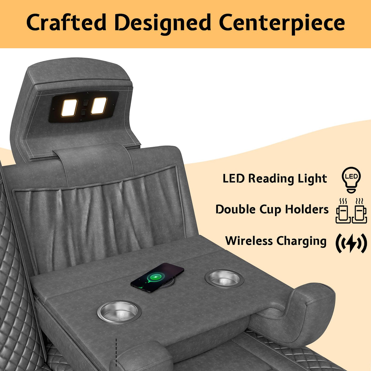 Jocisland Home Theater Seating, Movie Loveseat Recliner Chair with USB Wireless Charging, 3 Theatre Seats Couch Sofa for Media Room w/Electric Headrest, LED Light, Fold Down Table Jocisland