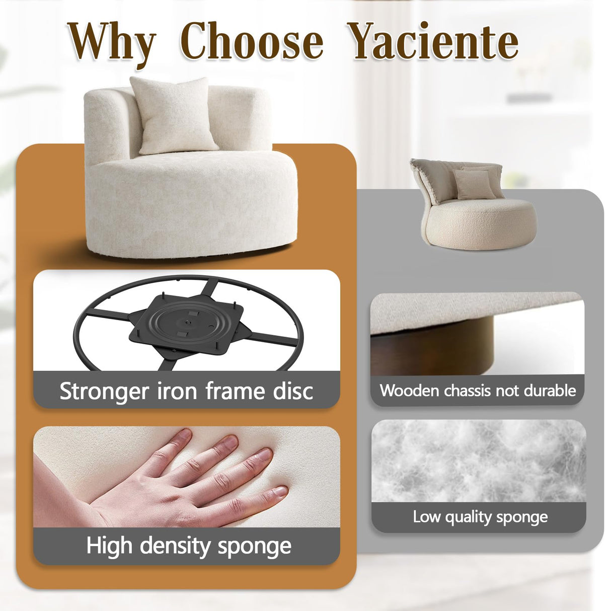 Yaciente 360° Oversized Swivel Accent Chair, Comfy Chenille Fabric Barrel Swivel Chair, Upholstered Round Chairs with Pillow, Round Reading Chair for Living Room, Nursery, Bedroom, Beige Yaciente