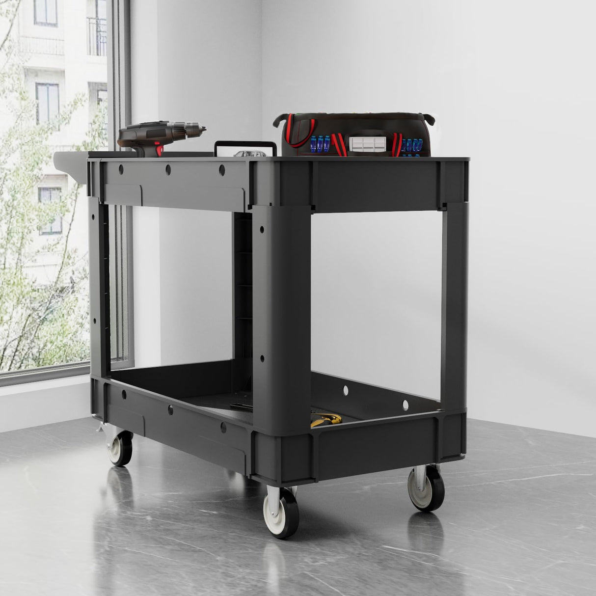 Our Modern Space Commercial Grade 2 Shelf Utility Cart with Wheels - Rolling Tool Cart, Heavy Duty Service Push Cart for Business Warehouse Office Restaurants Ecommerce Garage Our Modern Space