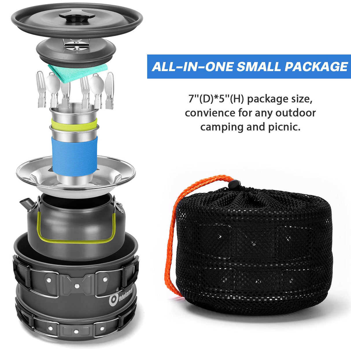 Odoland 15pcs Camping Cookware Mess Kit, Non-Stick Lightweight Pot Pan Kettle Set with Stainless Steel Cups Plates Forks Knives Spoons for Camping, Backpacking, Outdoor Cooking and Picnic Odoland