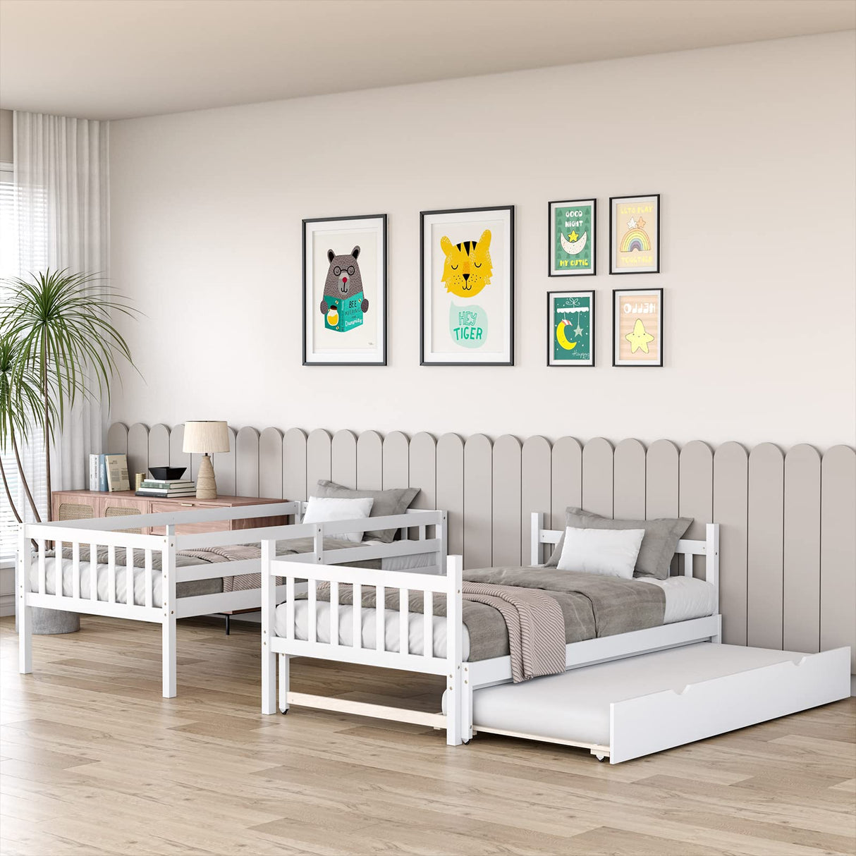 KOTEK Pull-Out Bunk Bed with Trundle, Twin Over Full, Twin Over 2 Twins Bunk Bed with Ladder & Safety Rails Accommodate 4 People, Detachable Solid Wood Bunk Bed for Kids, Adults (White) KOTEK