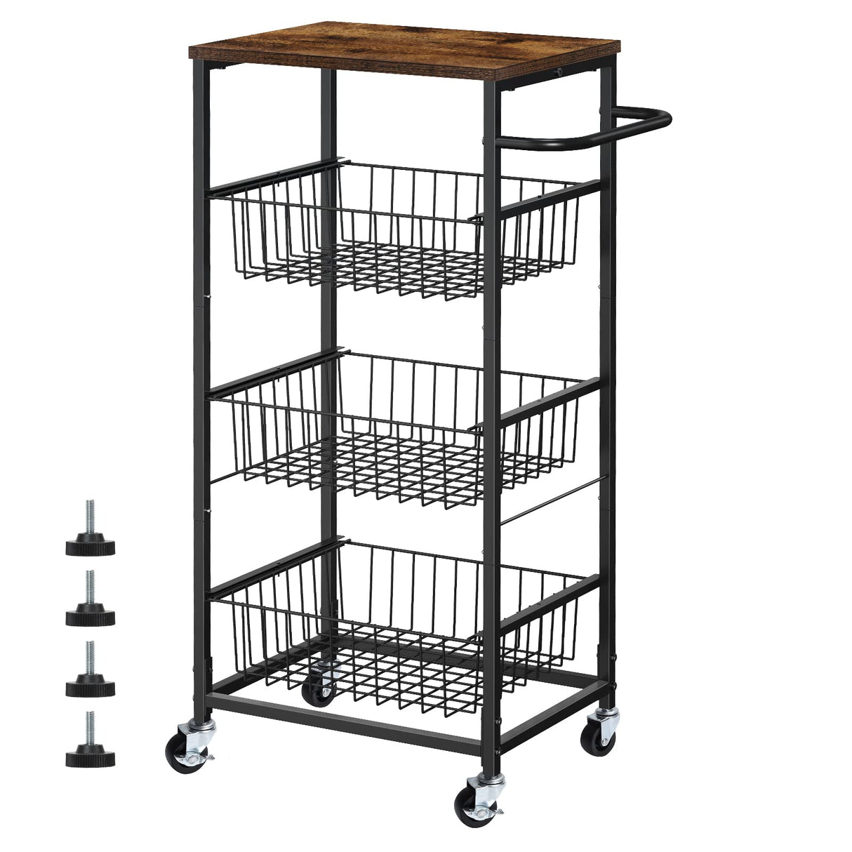 Kitchen Storage Cart on Wheels 4 Tier Utility Rolling Cart with Baskets Farmhouse Serving Cart with Handle Mesh Basket Pantry Cart Rack with Wooden Tabletop for Pantry Bathroom Office, Brown CADUKE