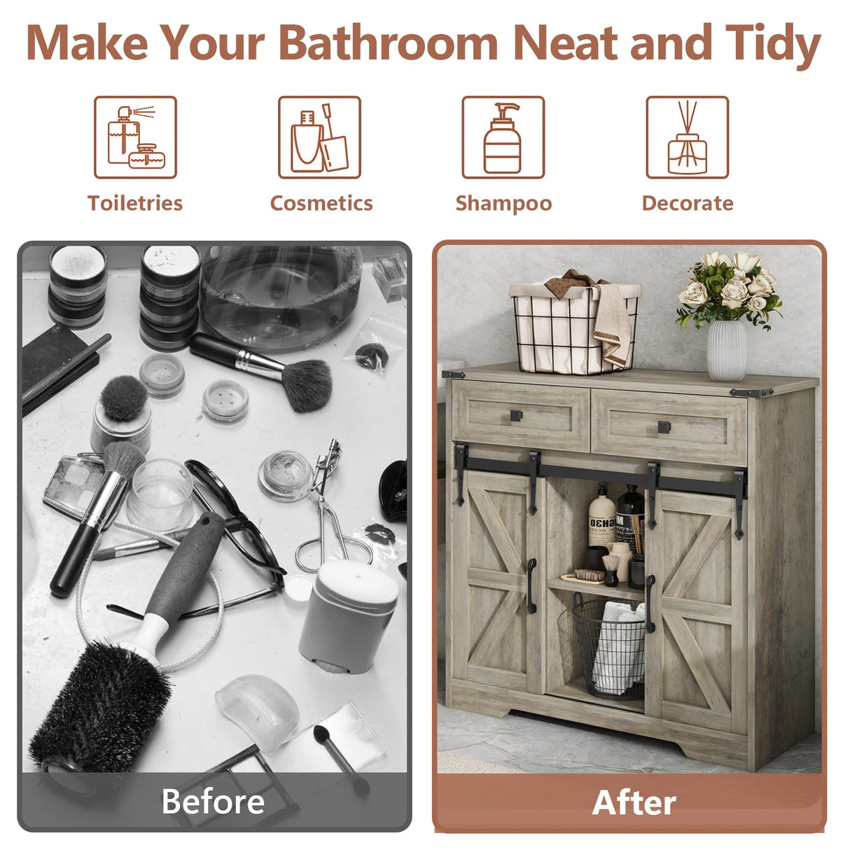 Vabches Farmhouse Storage Cabinet with Sliding Barn Doors and Drawers, Grey Freestanding Kitchen Pantry Cabinet, Floor Storage Cabinet for Bathroom, Living Room, Adjustable Shelves, Ample Space Vabches