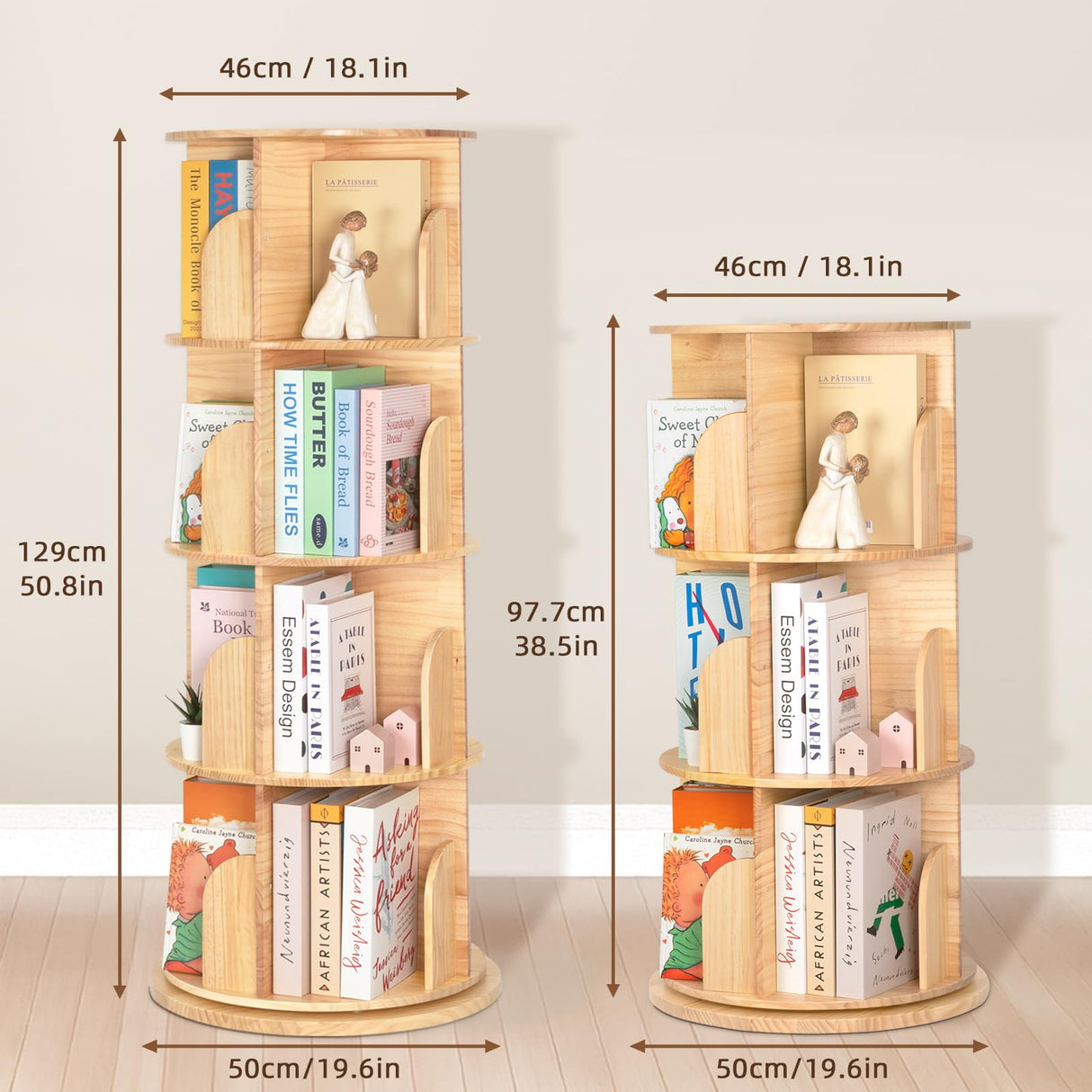 OOOK Solid Wood Rotating Bookshelf for Kids, Spinning Bookshelf Tower with Large Capacity for Small Space, 360° Display 3 Tier Thick Corner Shelf with Texture for Bedroom, Reading Room, Living Room OOOK