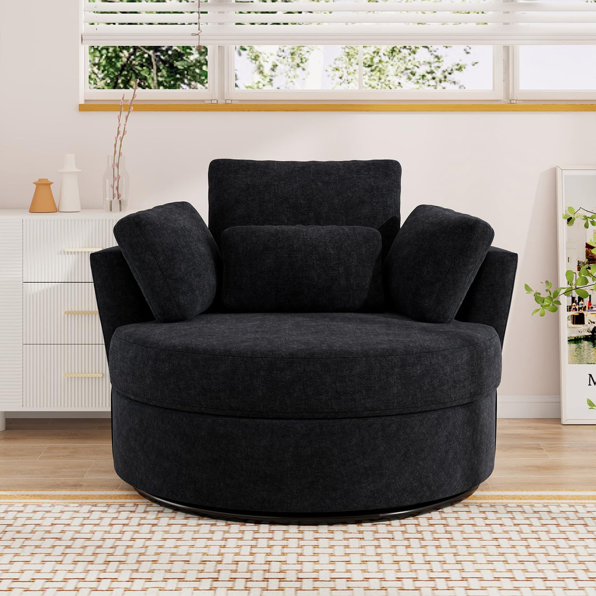JEEOHEY Swivel Accent Barrel Chair, 42'' W Chenille Upholstered Round Swivel Chair, 360 Degree Modern Oversized Round Armchair, Comfy Single Sofa Chair for Nursery, Living Room, Bedroom(Black) JEEOHEY