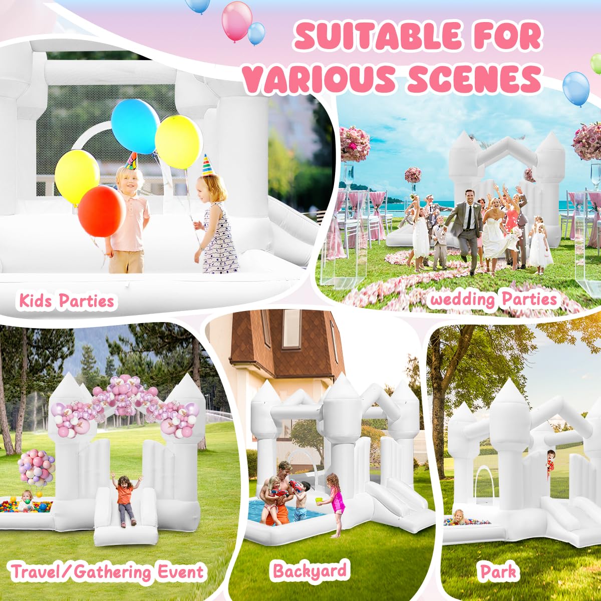 FINCOME Inflatable Bounce House for Kids, White Bounce House with Slide, Jumping Bouncy Castle for Kids Birthday Party, Wedding, Backyard Indoor/Outdoor White (with Blower) FINCOME