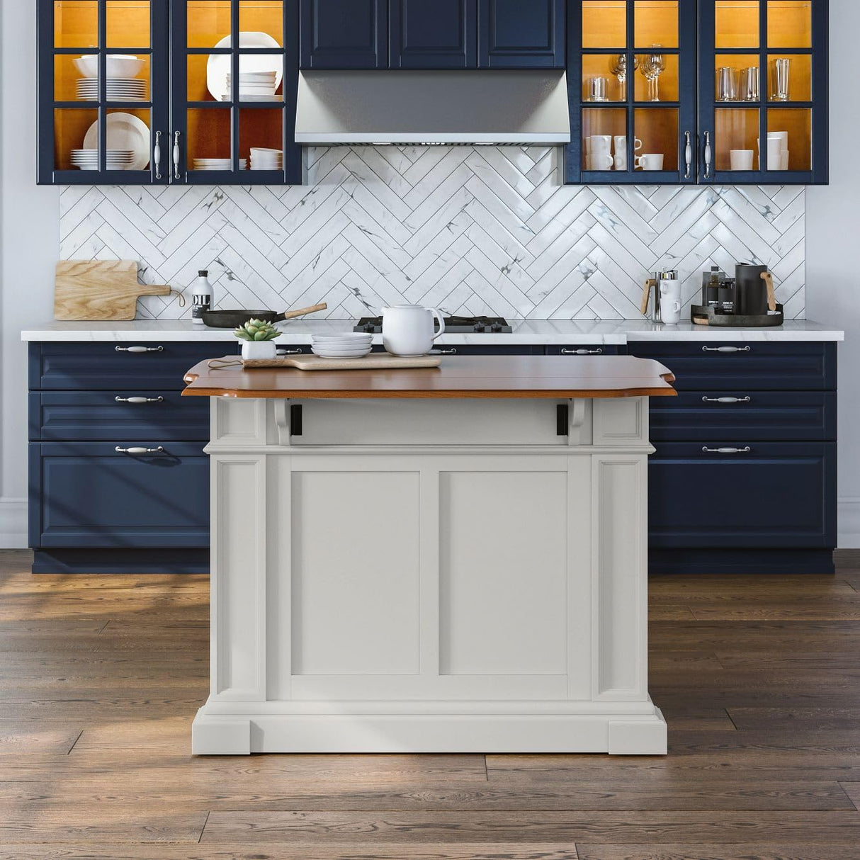 Homestyles Americana Kitchen Island with Wood Top and Drop Leaf Breakfast Bar, Storage with Drawers and Adjustable Shelves, 50 Inch Width, 49.75 inches, White and Oak homestyles