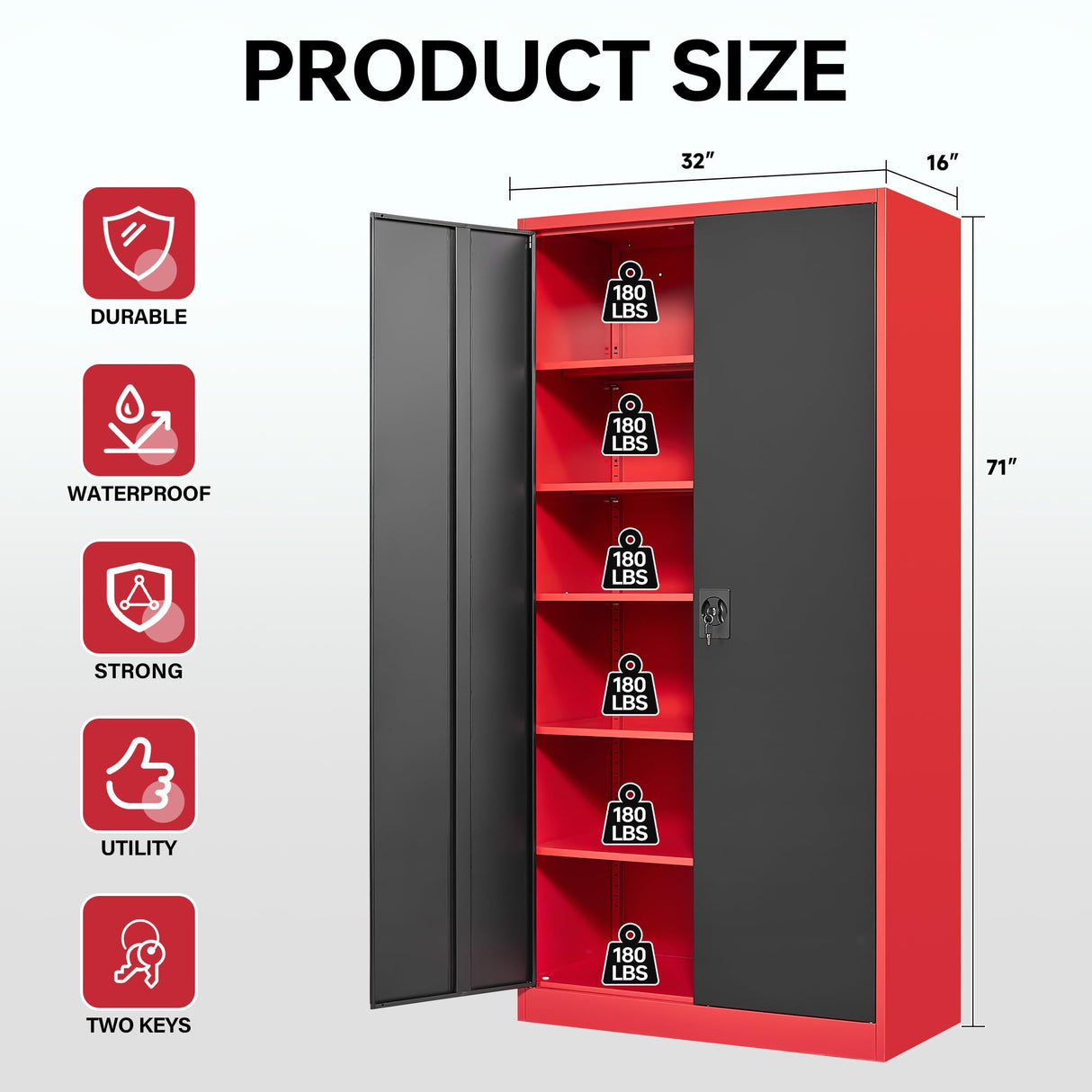 Letaya Metal Storage Cabinets with Lock, 71" Tall Locker Organizer Steel Cabinets, Adjustable Shelves 2 Doors for Home, Office, Warehouse,Garage,Industrial,Employee Lockers (Style B, Black Red) Letaya