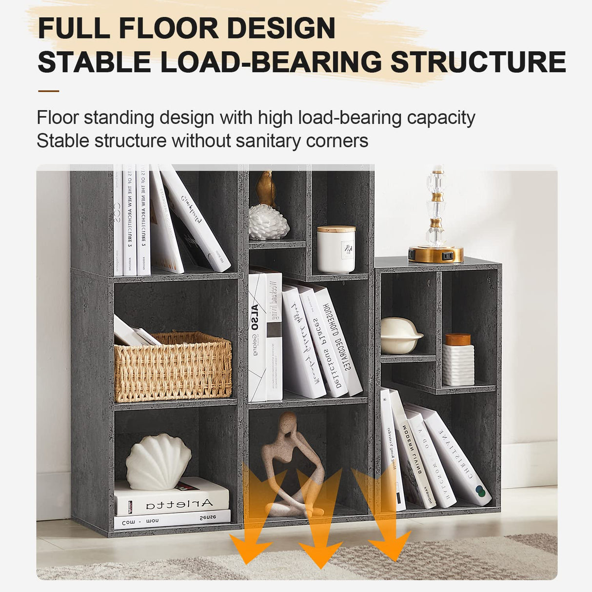 VECELO 3-Tier Small Bookcase, 4 Cube Bookshelf with Height Difference Shelves for Most Books, Modern Floor Standing Unit, Each Shelf Hold Up to 66 LBS for Living Room Bedroom, Grey VECELO