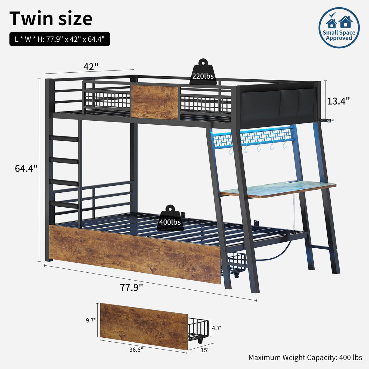 HAUOMS Bunk Bed with Desk, Twin Over Twin Metal Bunk Beds with Power Outlets, RGB LED Lights, 2 Larger Storage Drawers, Bed with Safety Guardrail & Ladders, No Box Spring Needed, Rustic Brown HAUOMS