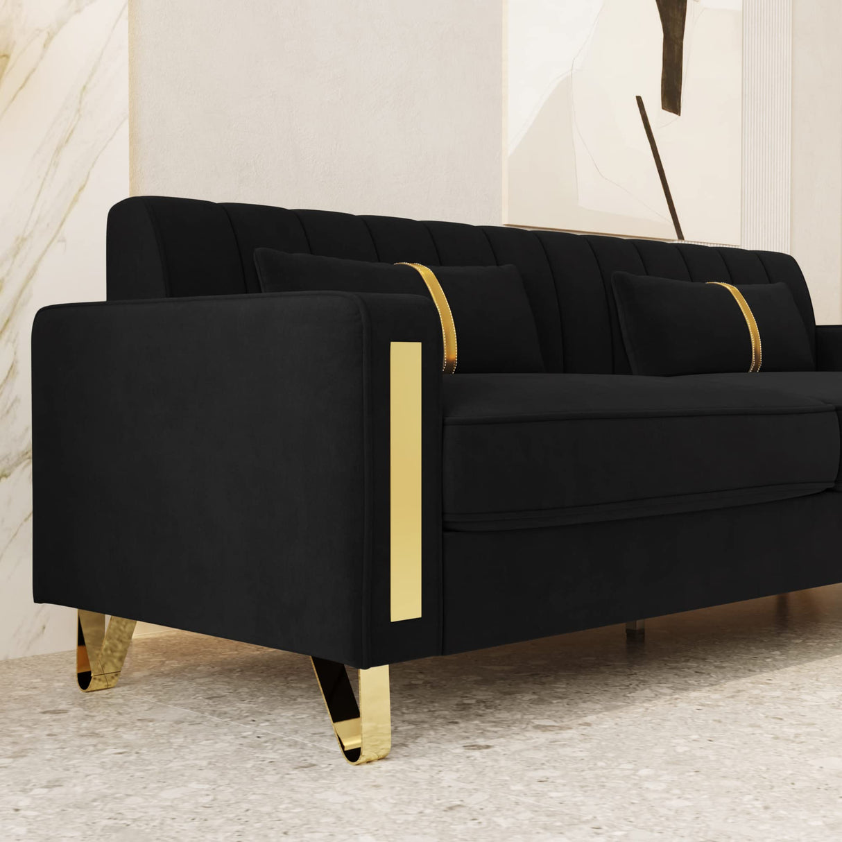 yunqishi 85.63" Modern Black Velvet Sofa with Gold Metal Legs Large Upholstered Comfy 3 Seater Couches for Living Room Bedroom Office (Black) yunqishi