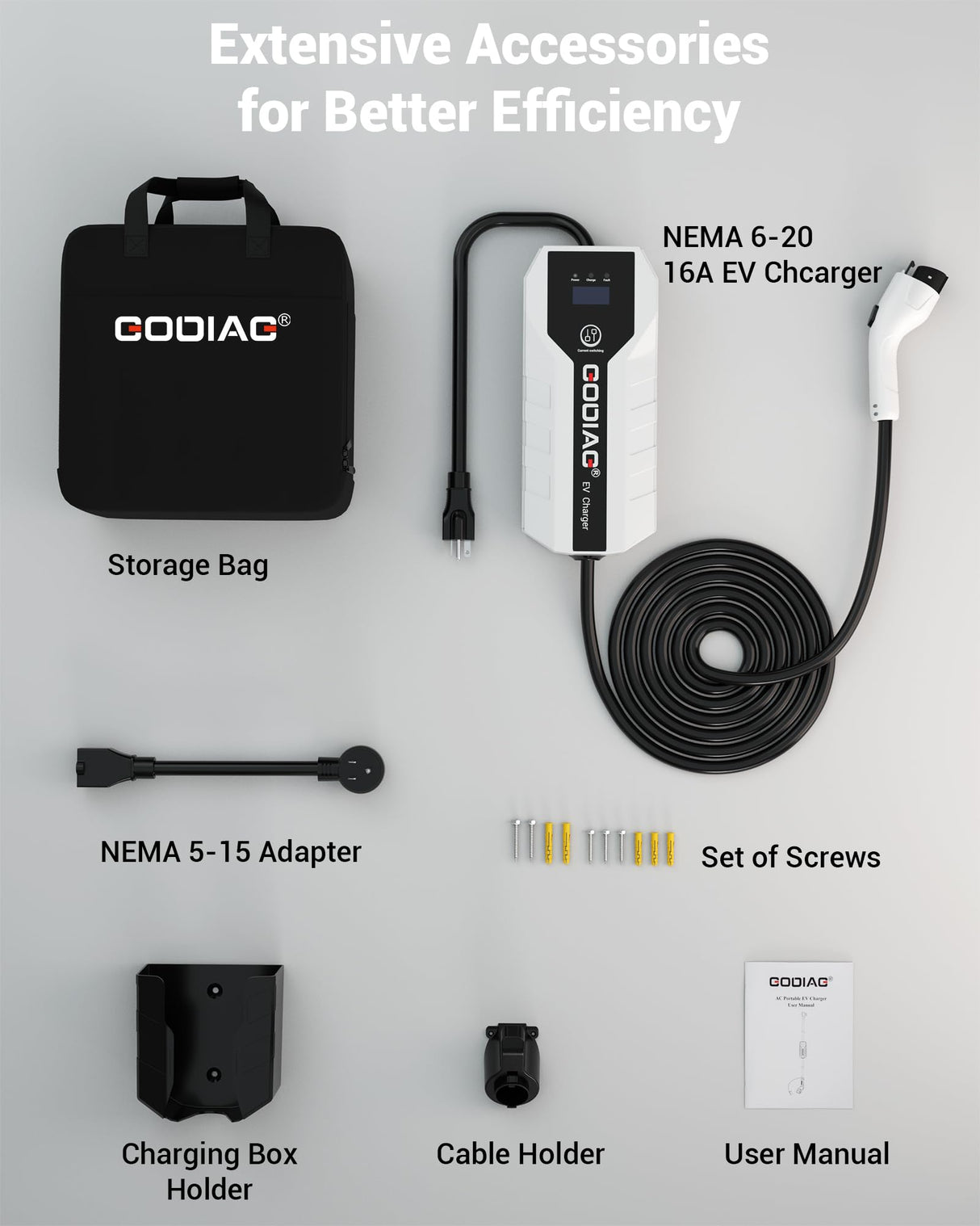 GODIAG Level 1+2 EV Charger - ETL Certified (Adjust 16A,110V-240V) with 20ft Cable, Portable EV Charger with NEMA 6-20 & NEMA 5-15 Plug for J1772 EVs and PHEVs GODIAG