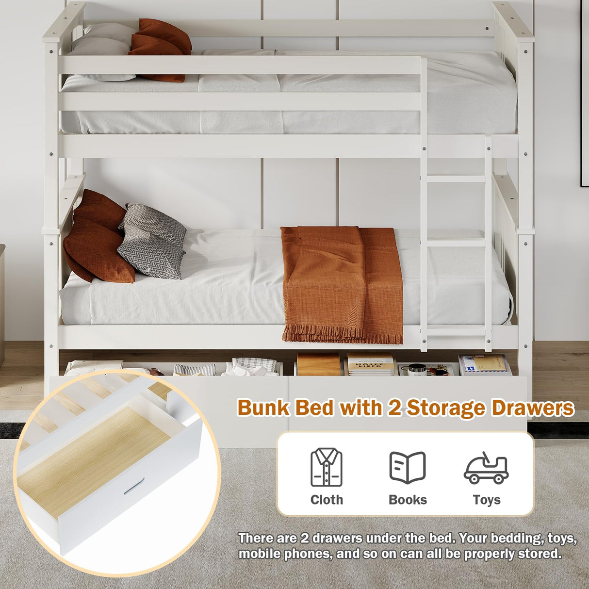 FUQARHY Bunk Bed Twin Over Twin with Storage Drawers, White Convertible Wooden Twin Bunk Beds with Sturdy Stairs and Safety Guardrail, No Box Spring Needed (White) FUQARHY