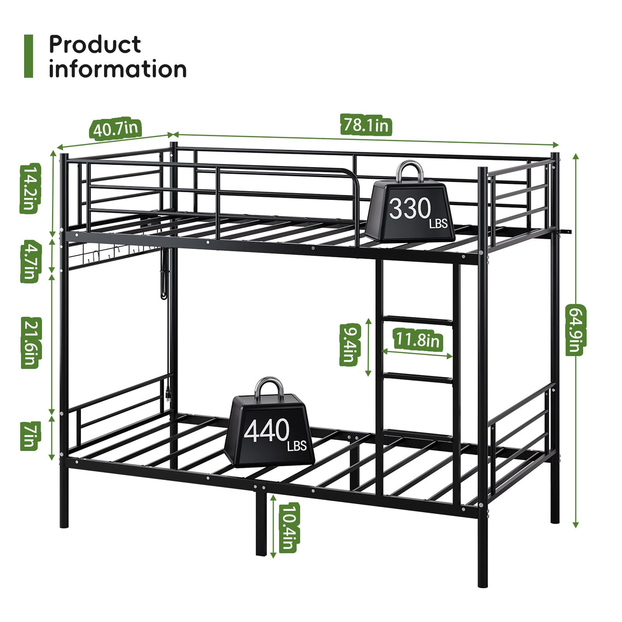 LIPIGE Bunk Bed Twin Over Twin,Metal Bunk Beds with Power Outlet and LED Lights,Heavy-Duty Safety Rails Ladder,Space-Saving Design with Storage Hooks,440lbs Capacity for Adults,Black LIPIGE