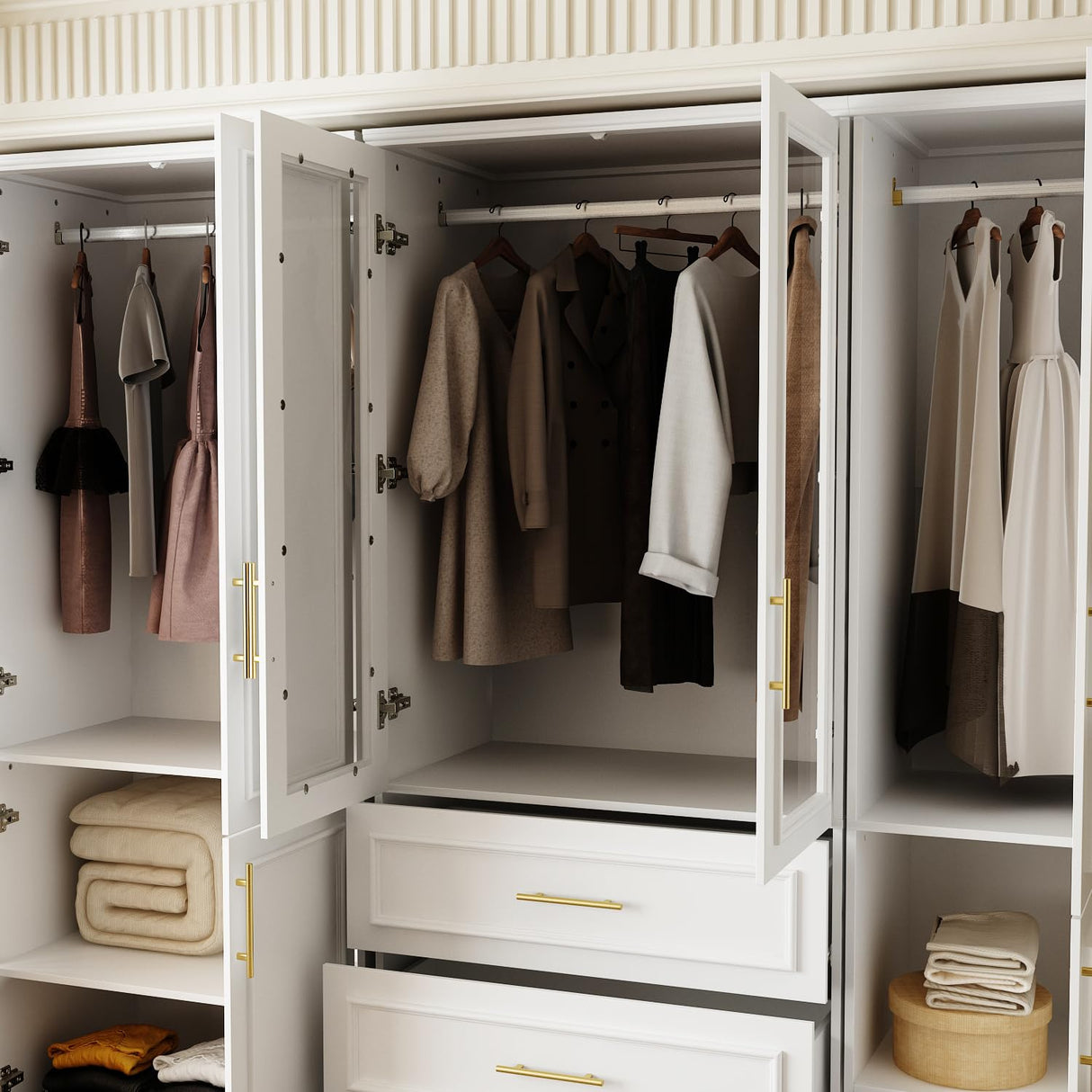 FUFU&GAGA Wardrobe Closet Collection with Doors, Modern White Bedroom Armoire System with Gold Handles, Modern Clothes Storage Cabinet with Drawers, Shelves, Hanging Rods, 79.1”W x 19.3”D x 74.8”H FUFU&GAGA