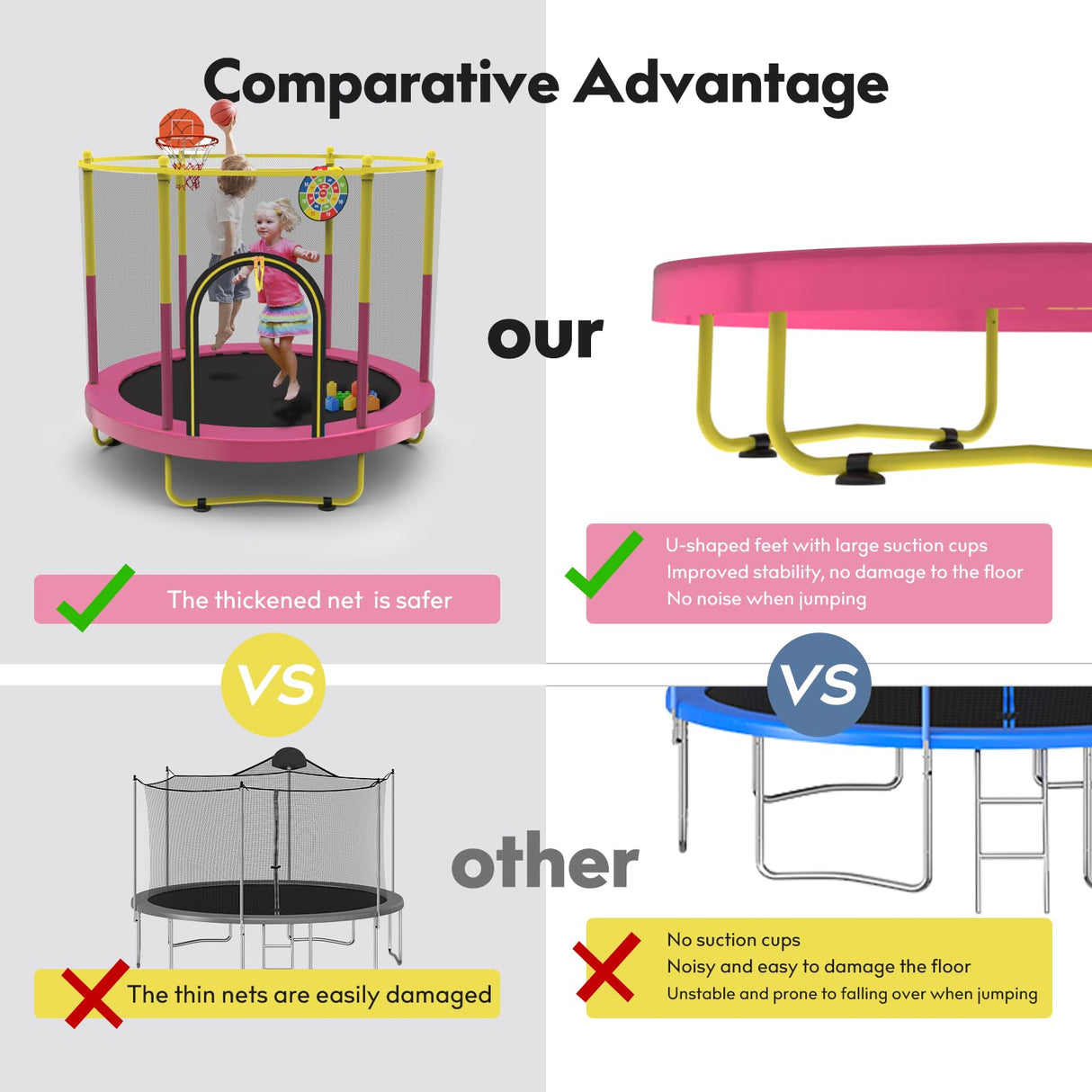 72" Trampoline for Kids with Net,6 FT Indoor & Outdoor Small Toddler Trampoline with Basketball Hoop & Dart Board for Ages 1-8, Birthday Gifts for Boys & Girls, Baby Toddler Christmas Toys Pink Sedeke