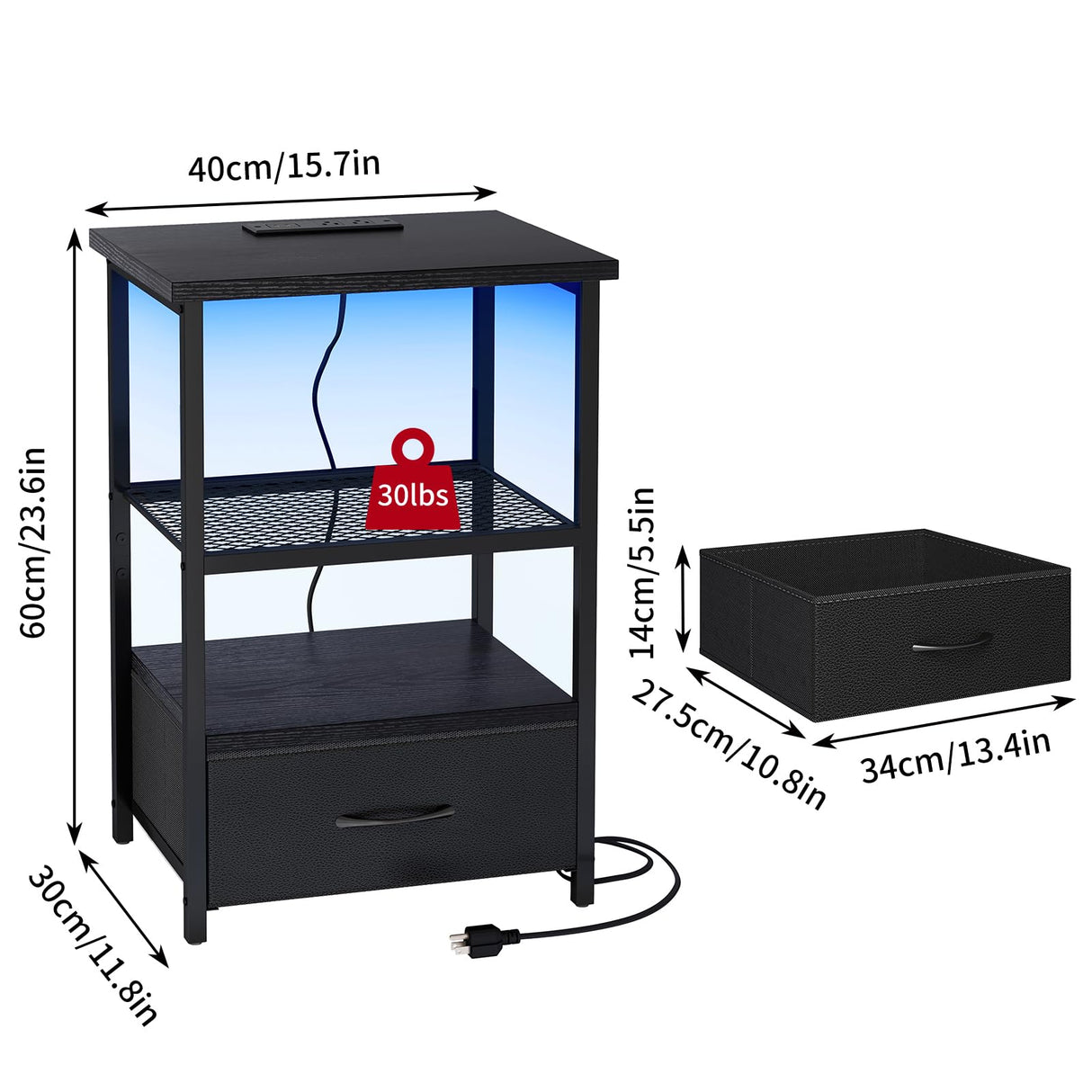 Fixwal Night Stand Set of 2 with Charging Station, LED Nightstand with Fabric Drawers, End Table with PU Finish, Bed Side Table, Black Fixwal