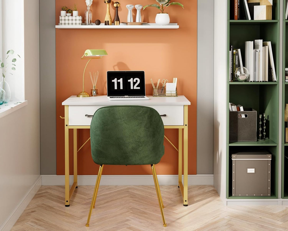 Casaottima 32 Inch Small Dressing Vanity Desk with 2 Drawers & Headphone Hook, Makeup Vanity Desk for Bedroom Without Mirror,Modern Space-Saving Design for Small Spaces White-Gold Casaottima