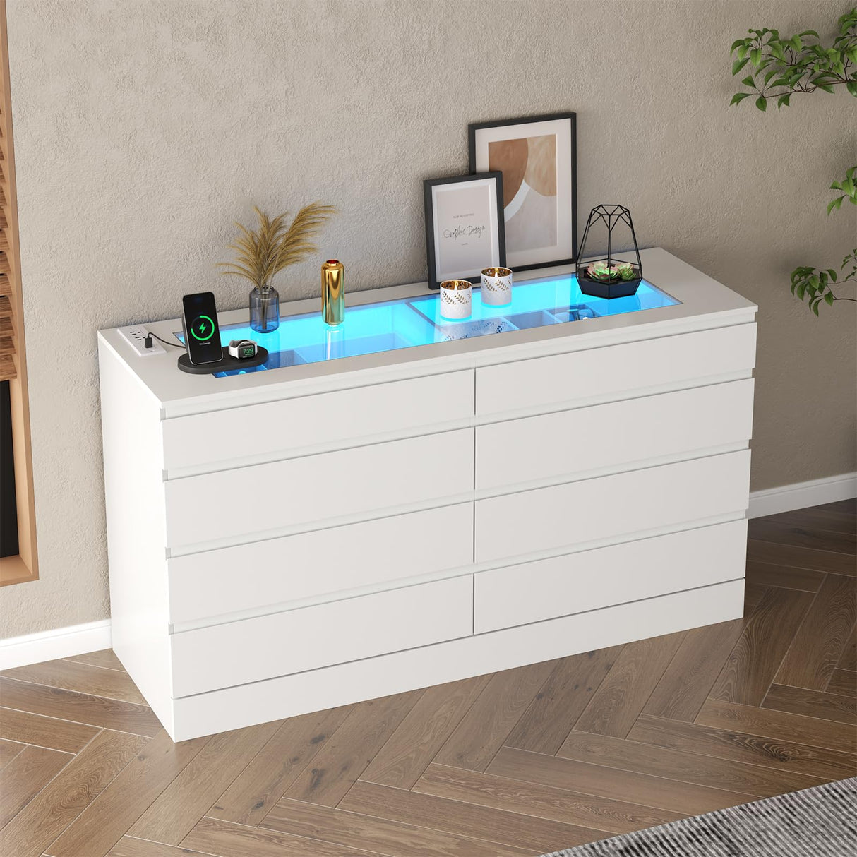Gyfimoie 8 Drawer Dresser with Power Outlet, White Dresser for Bedroom Chest of Drawer with Glass Top & LED Light, Modern Double Wide Drawer Organizer Cabinet for Living Room (White) Gyfimoie