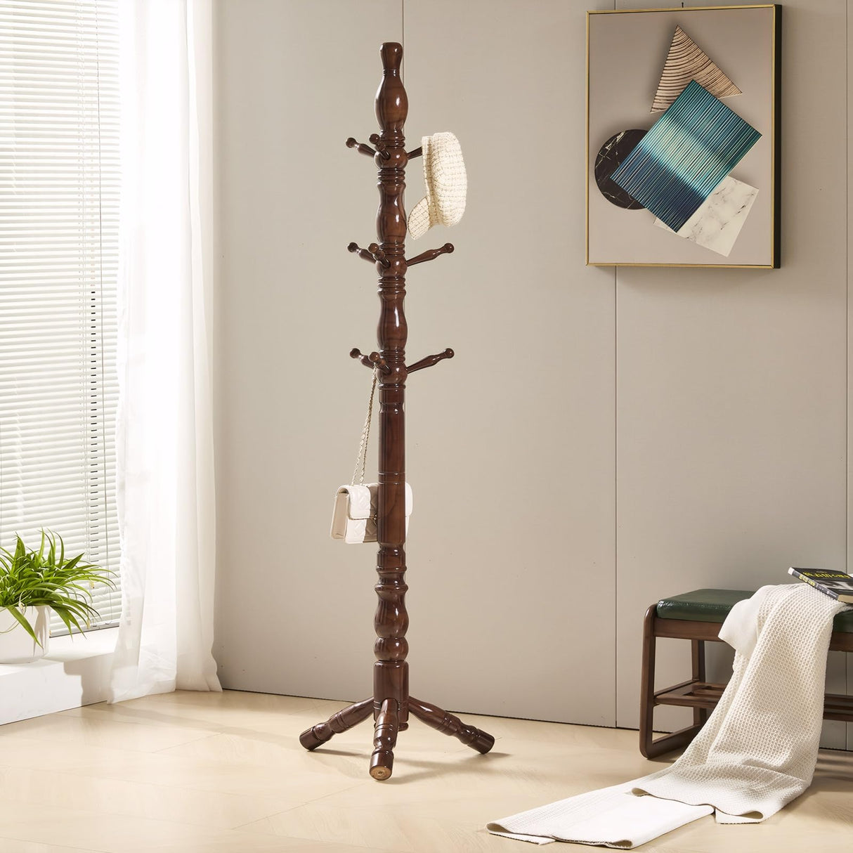 SUOHUI Coat Rack, Natural Wood Coat Racks with 3 Height Options and 9 Hooks,Coat Tree Ease of Assembly,Freestanding Hall Tree for Home/Office/Entryway/Hallway (Walnut) SUOHUI