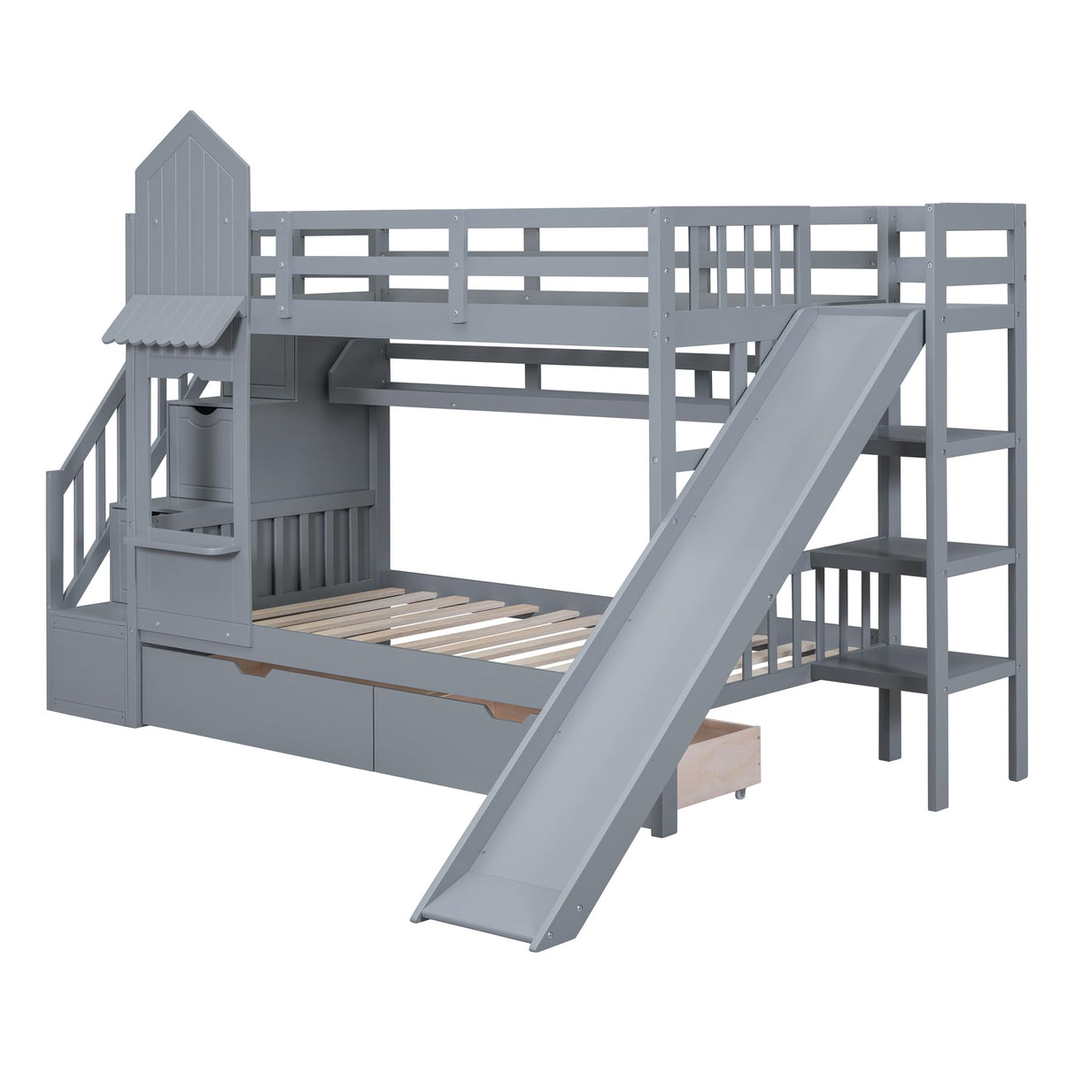 Twin-Over-Twin Bunk Beds Castle Style Bunk Bed with 2 Drawers 3 Shelves and Slide - Gray Merax