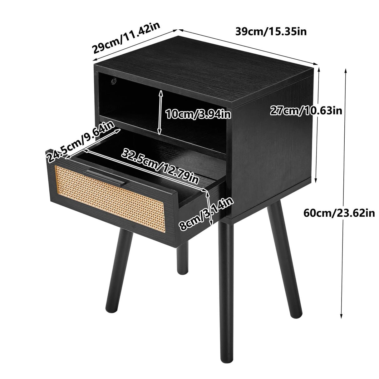 IBUYKE Rattan Nightstand, Boho Side Table with Drawer Open Shelf, Wood Accent Bedside Table, End Table with Legs for Bedroom, Living Room and Small Spaces, Black UWNS009B IBUYKE