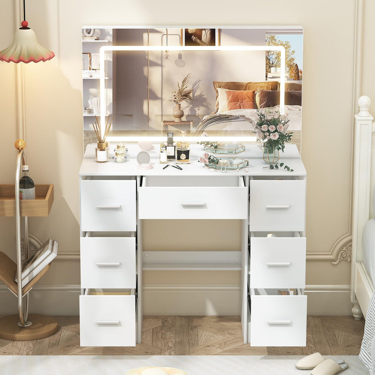 Vanity Desk with Mirror and LED Lights, 40" W Makeup Vanity Desk with 7 Drawers and Super Large Mirror, Derssing Table with 3 Color Modes and Adjustable Brightness, Modern Makeup Table Koestem