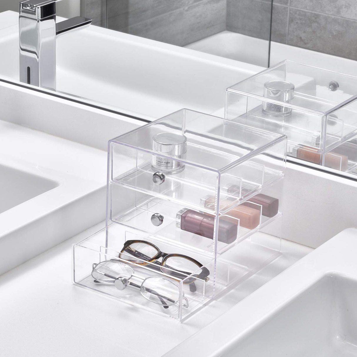 iDesign Plastic Divided 3-Drawer Vanity & Countertop Organizer – 7" x 6.5" x 6.5”, Clear iDesign