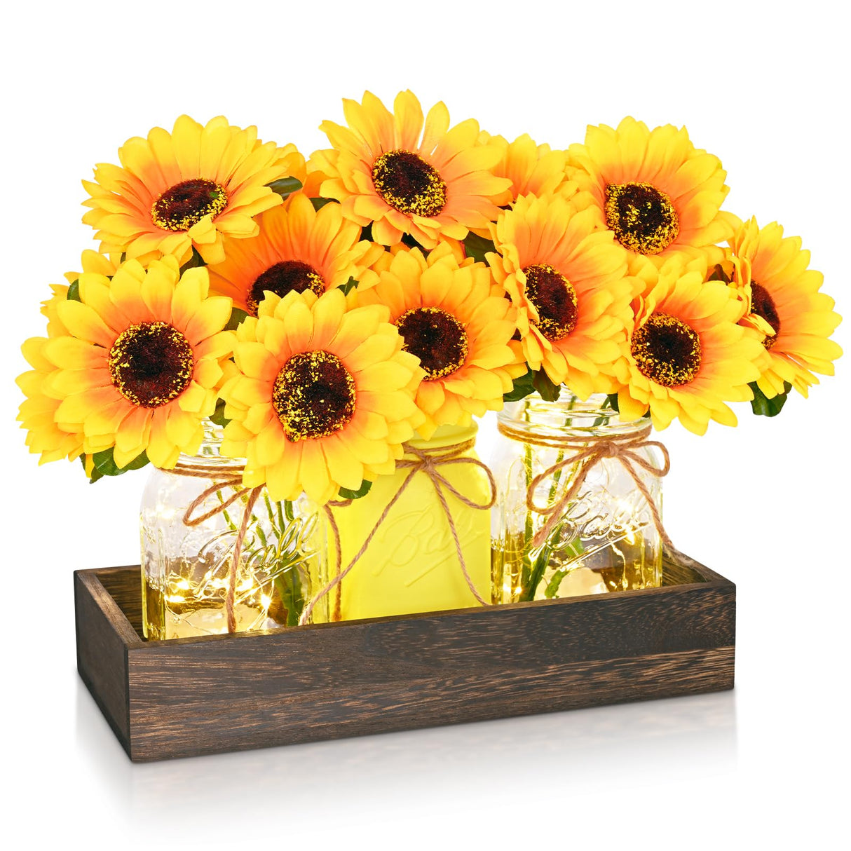 BLEUM CADE Centerpieces Table Decorations - 3Pcs Sunflowers Artificial Flowers in Mason Jars with Wood Tray, Dining Table Centerpiece Decor, Coffee Table Farmhouse Living Room Home Decorations BLEUM CADE
