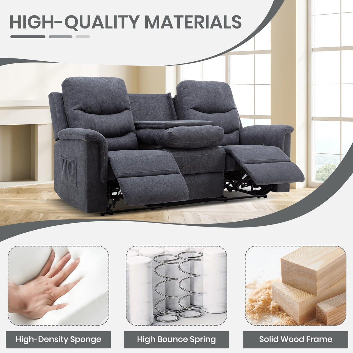 Consofa Reclining Sofa, Recliner Sofa 3 Seater with Flipped Middle Backrest, 2 Cup Holders, Manual Wall Hugger Couches for Living Room, Home Theater Seating Loveseat Recliner Sofa Consofa