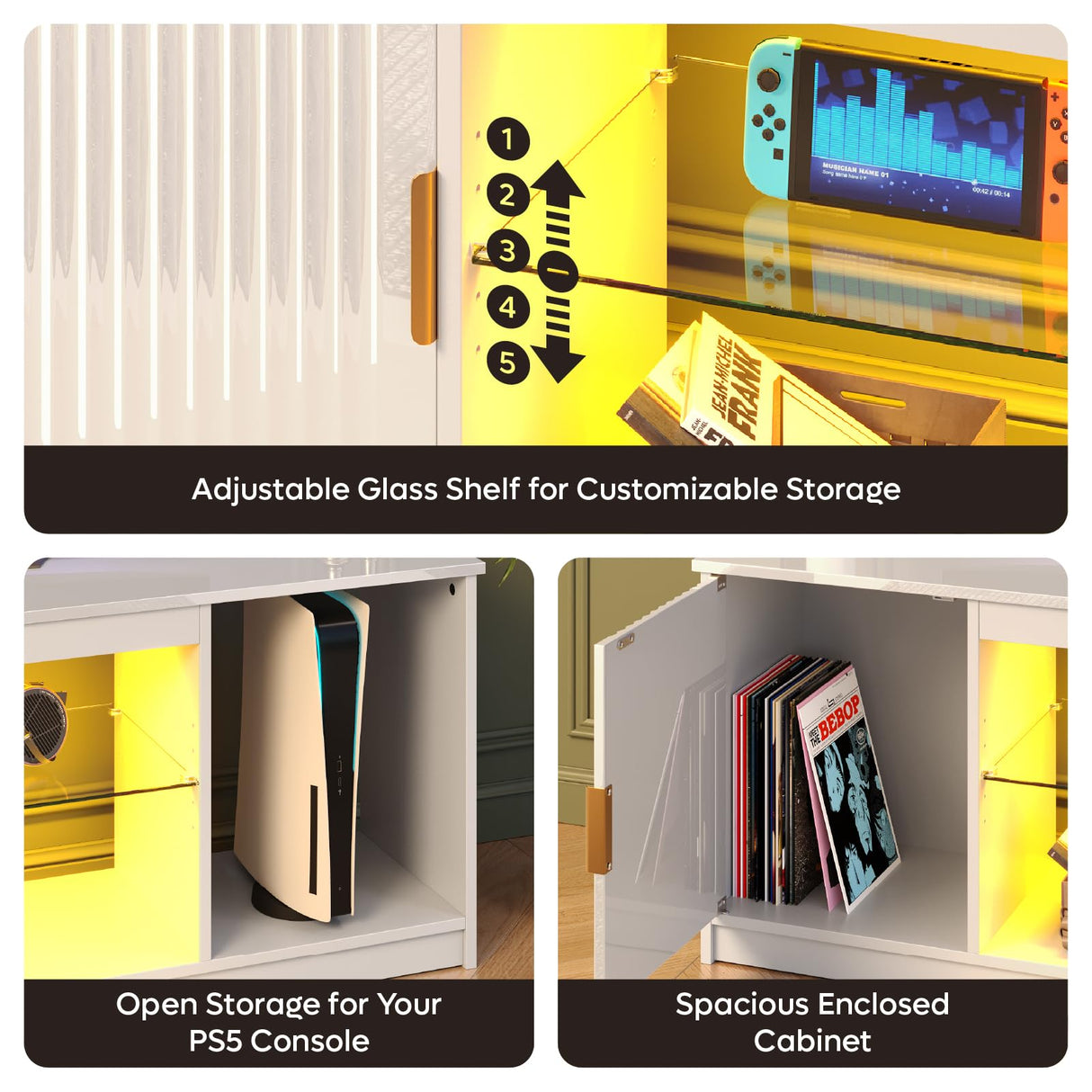 Bestier LED TV Stand for 55/60/65 Inch TV, Gaming Entertainment Center with Cabinet for PS5, Xbox, Fluted TV Console with Adjustable Glass Shelves for Living Room, Bedroom 57 Inch,Bright White Bestier