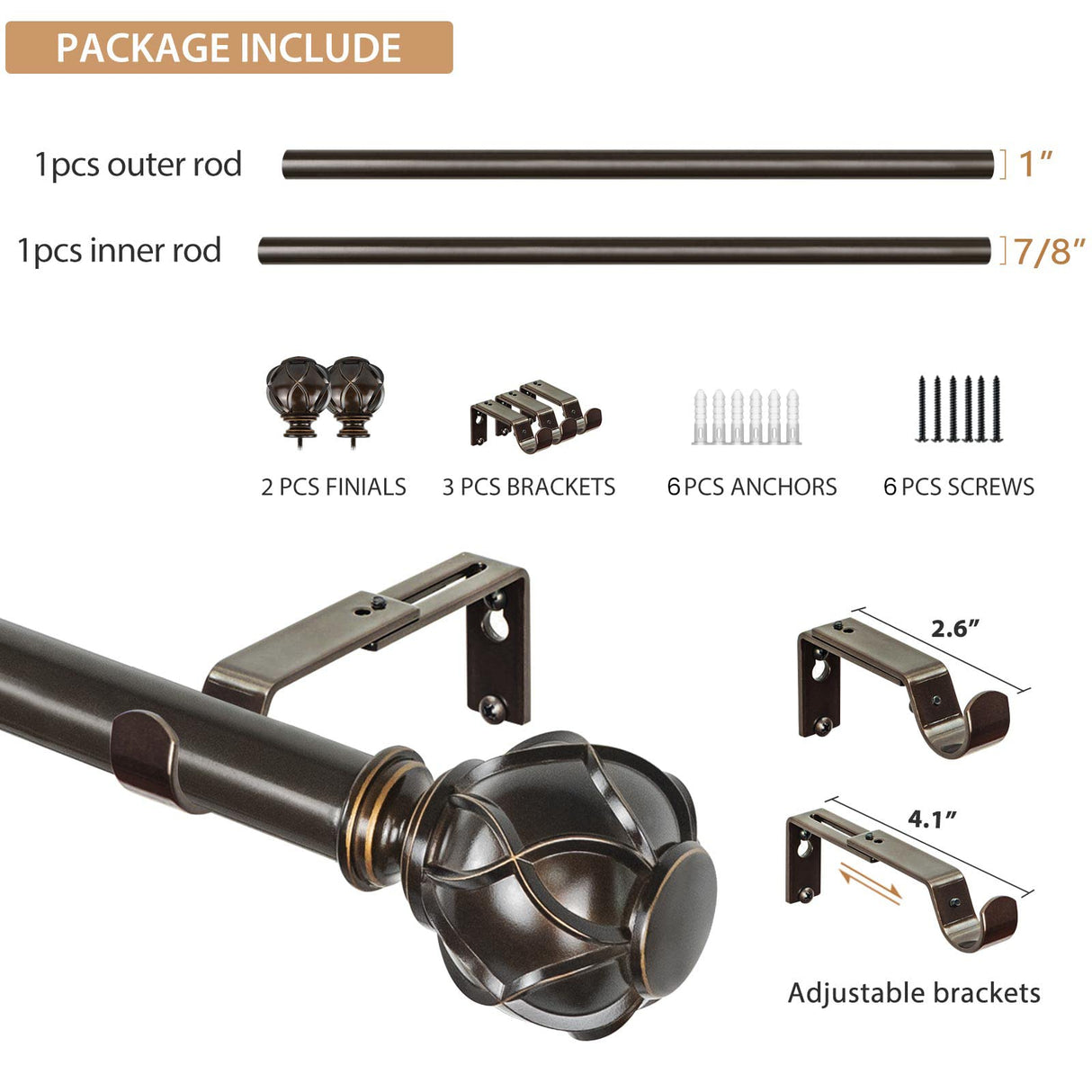 KAMANINA 1 Inch Curtain Rod Telescoping Single Drapery Rod 36 to 72 Inches (3-6 Feet), Antique Bronze Curtain Rods for Windows 24 to 68 Inches, Netted Texture Finials KAMANINA