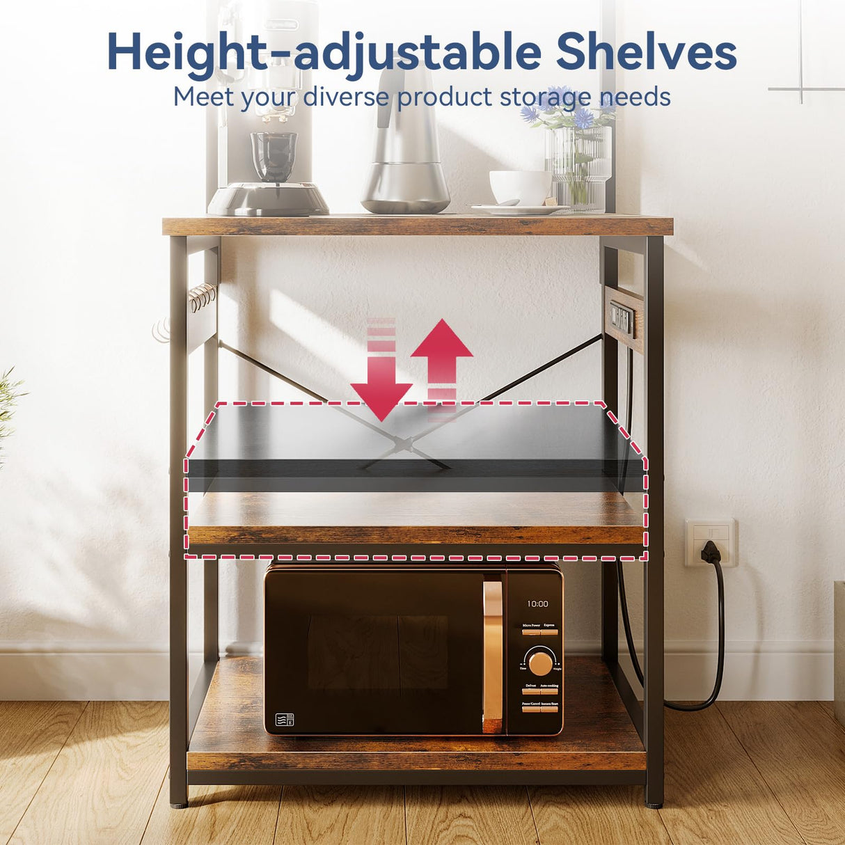 Casaottima Bakers Rack with Power Outlet & LED Lights, Coffee Bar with Storage 5-Tiers, Microwave Stand Kitchen Shelf 16.5 * 23.6 * 59 inches, Kitchen Coffee Rack, Rustic Brown Casaottima