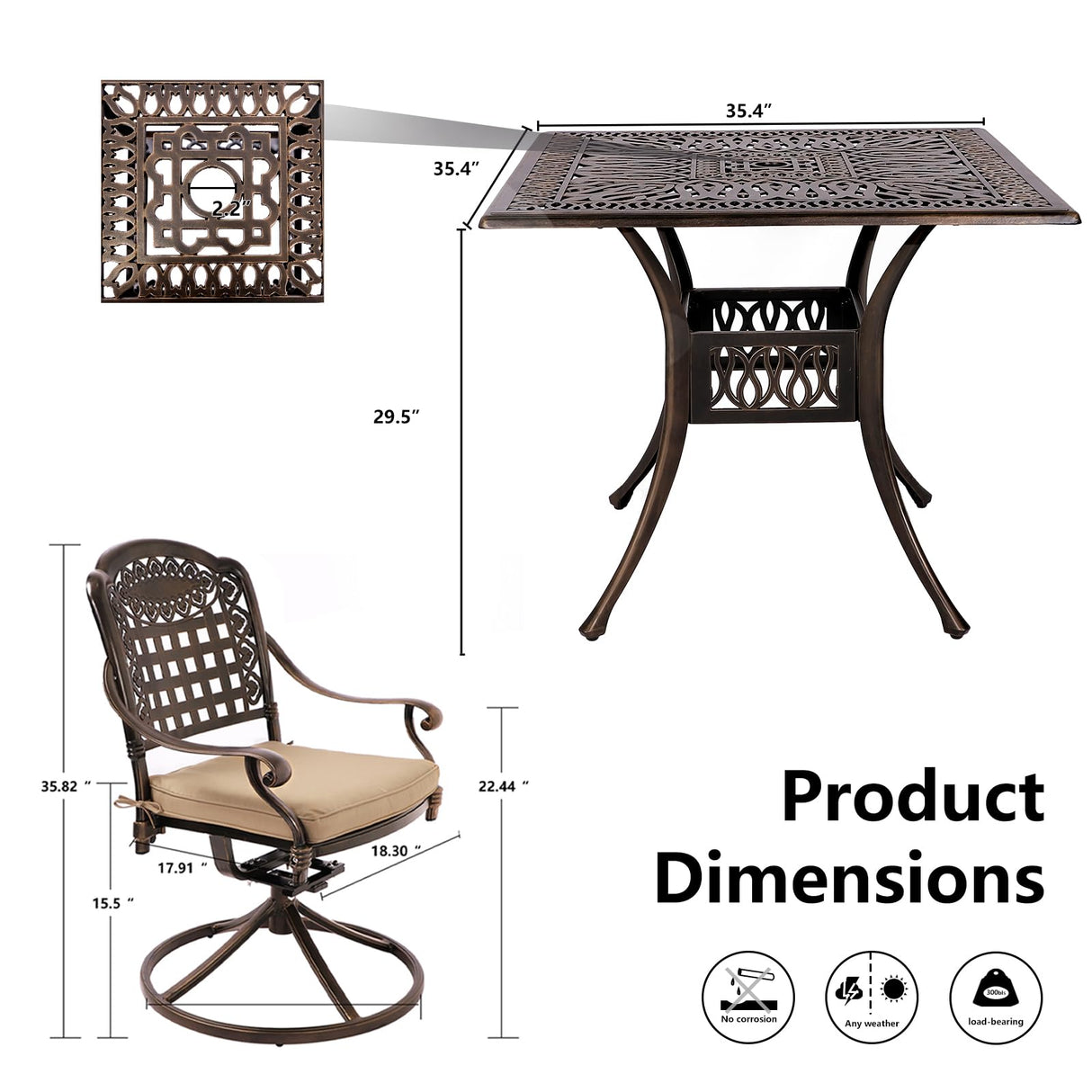 Grepatio 5 Piece Cast Aluminum Patio Dining Set Outdoor Furniture Set with 4 Mesh Swivel Rocker Ding Chairs, 4 Khaki Cushions and 35.4" Square Patio Table 2.4" Umbrella Hole, Antique Bronze Grepatio