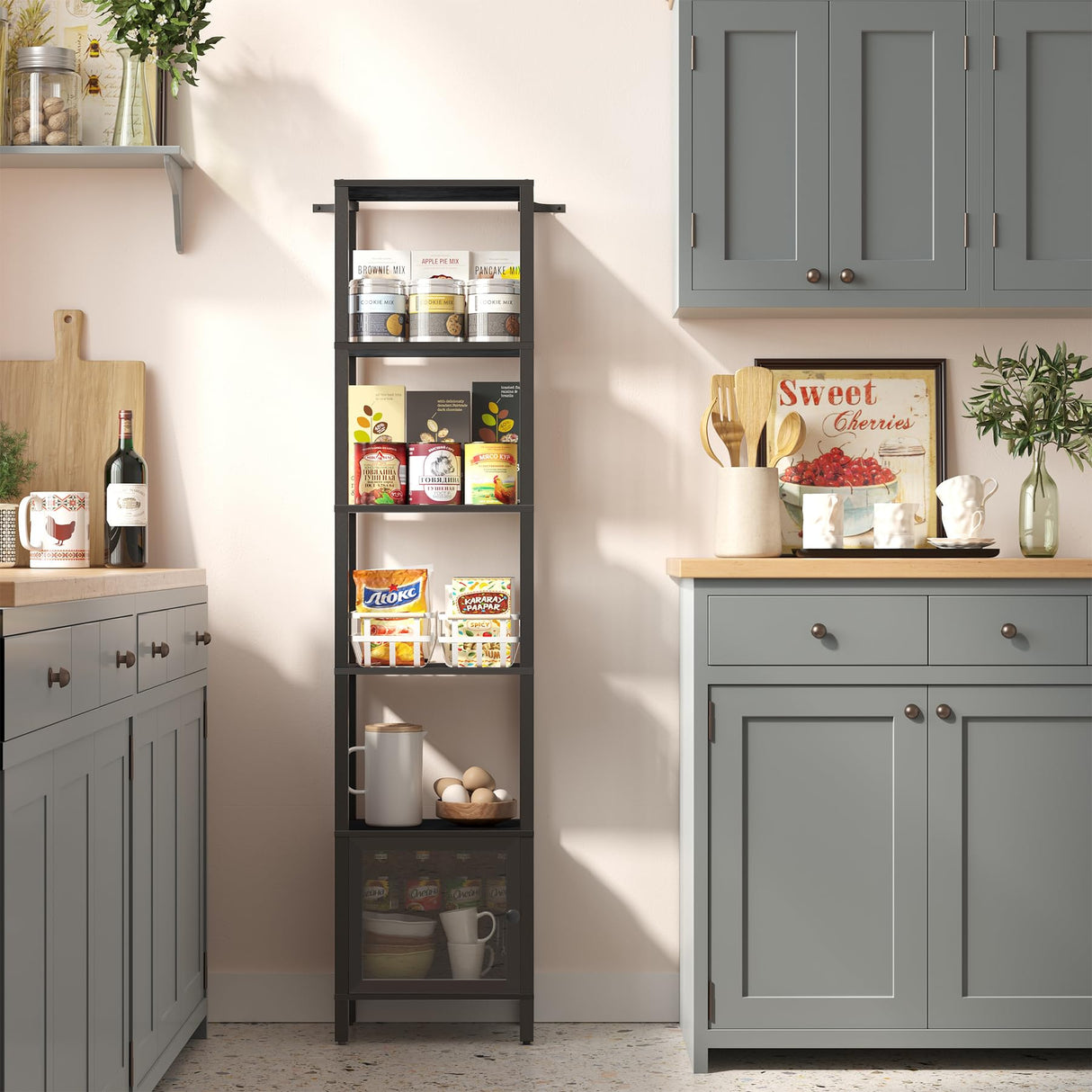 TUTOTAK 6 Tier Bookcase and Bookshelf, Narrow Book Shelf with Door for Small Space, for Living Room, Office, Study, Entryway, Black BS03BK006 TUTOTAK