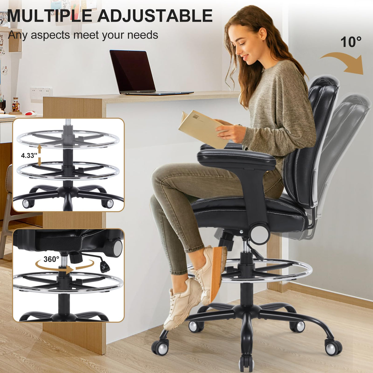 Chairoyal Drafting Chair, Ergonomic Tall Office Chair with Soft Adjustable Arms and Foot Ring, Standing Desk Chair PU Leather High Office Chair for Counter Height Desk, Swivel Computer Stool, Black Chairoyal