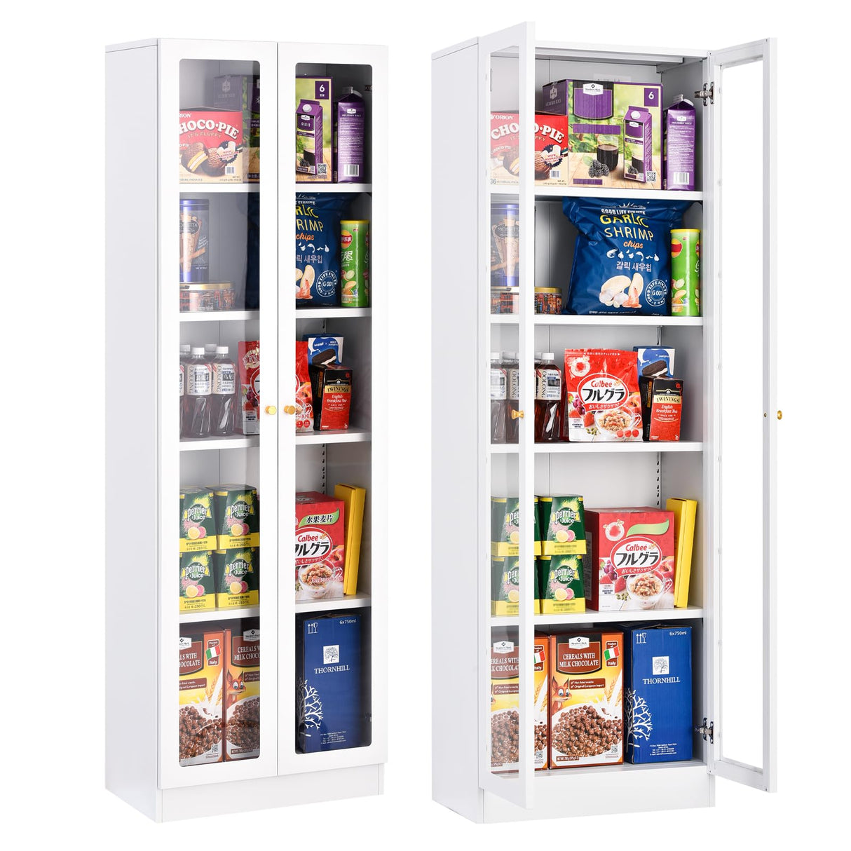 IRONMIX Modern Display Cabinet with Doors, Curio Cabinet with 4 Adjustable Shelves, 5-Tier Display Case, 71" Tall China Cabinet for Living Room, Tall Bookcase for Home Office (23.5 W, White) IRONMIX