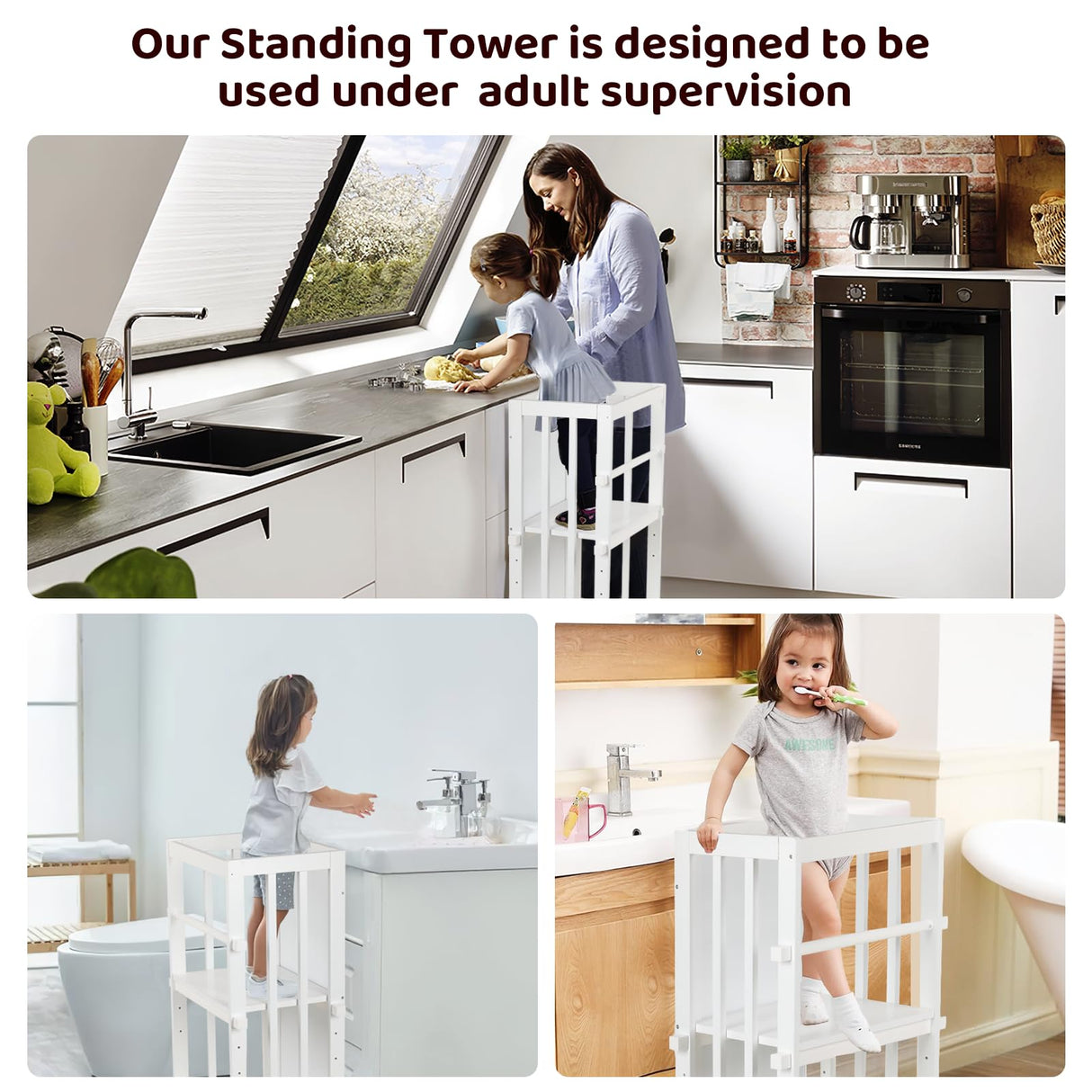3 Height Adjustable Kids Step Stool, A-Shaped Structure Kids Standing Tower, Wooden Toddler Tower, Kids Standing Tower Aged 18-36 Months,with Safe Fences,Anti-Slip Pads Suit in Kitchen/Bathroom,White KIDINIX