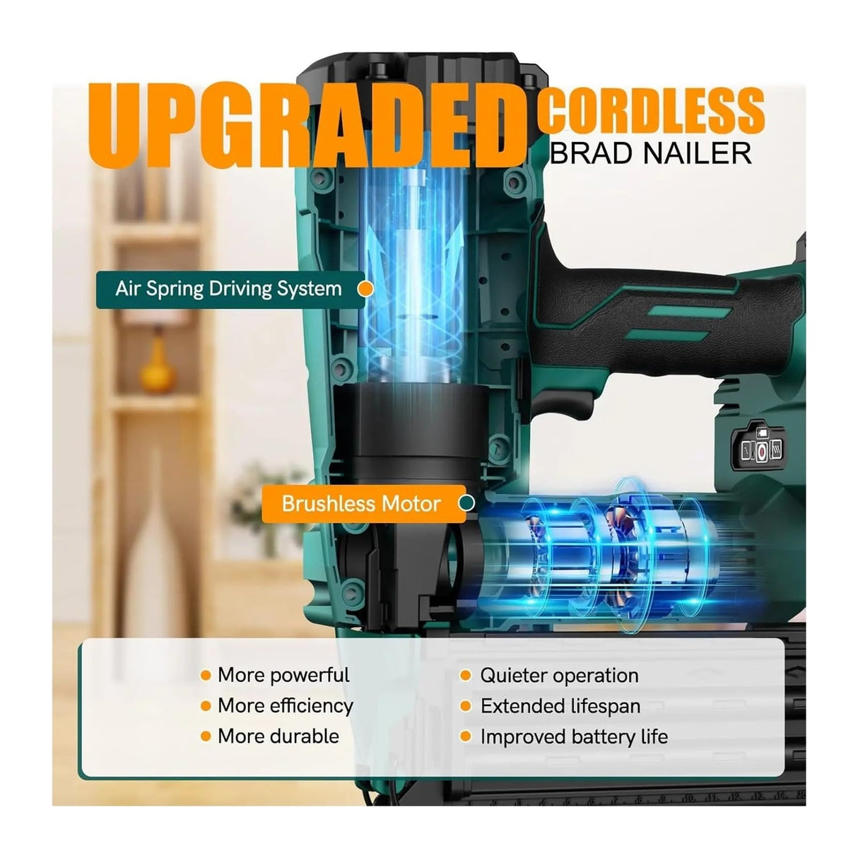 Brad Nailer 18 Gauge Nail Gun Battery Powered with Brushless Motor 20V Cordless Nail Gun Adjustable for Roofing Sheathing for DIY Projects, Upholster and Woodworking KKKMart