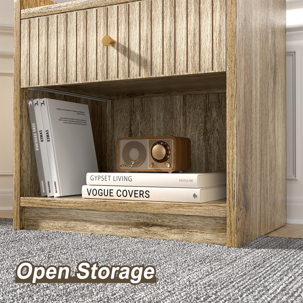 Nidouillet Nightstands Set of 2, Bedside Tables with Drawer, Night Stand Bed Side End Table with Open Storage for Farmhouse Bedroom Living Room Small Space Nidouillet