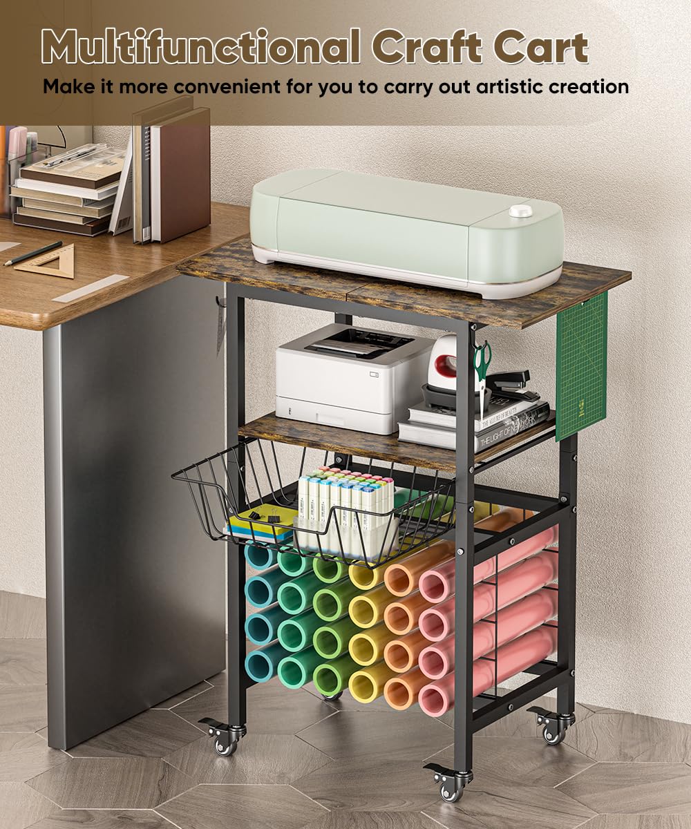 Queension Craft Cart with Wheels Compatible with Cricut Machines, Craft Organization and Storage Stand with Craft Table for Cricut Accessories, Rolling Storage Cart with 24 Vinyl Roll Hollers,Black Queension