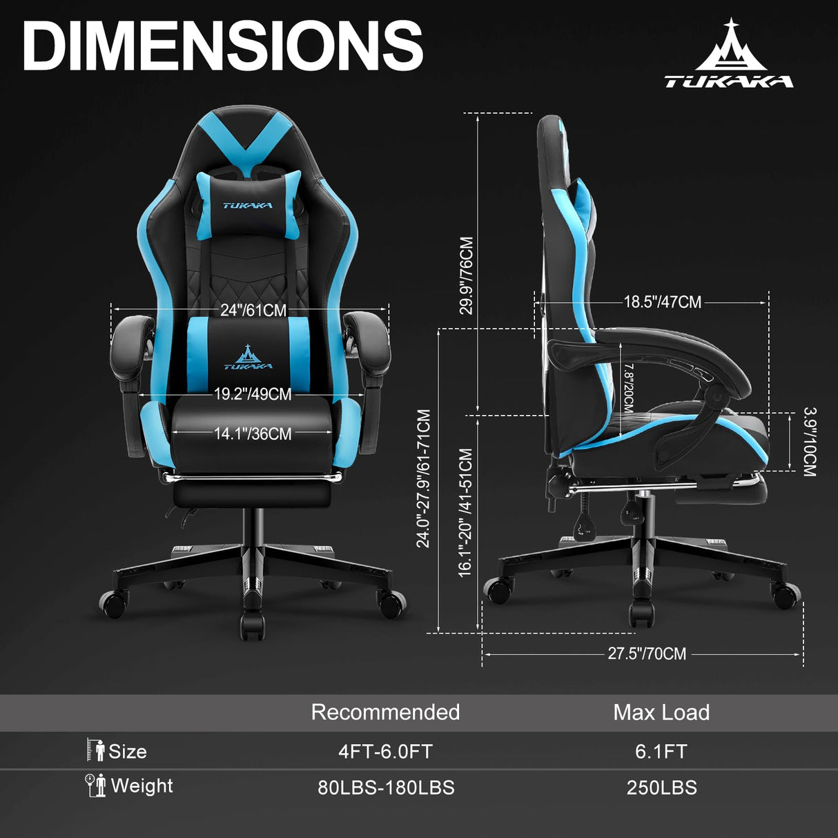 TUKAKA Gaming Chair,Ergonomic Massage Computer Office Desk Chair with Footrest,Pocket Spring Cushion,Reclining Leather Adjustable Gamer Chair with Headrest and Lumbar Support,Blue TUKAKA