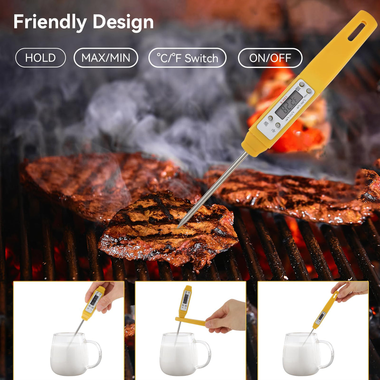 Akozon Digital Food Thermometer Automatic Calibration Pen High Accuracy Electronic Pocket Thermometer Yellow Home and Family Appliance and Decor Akozon