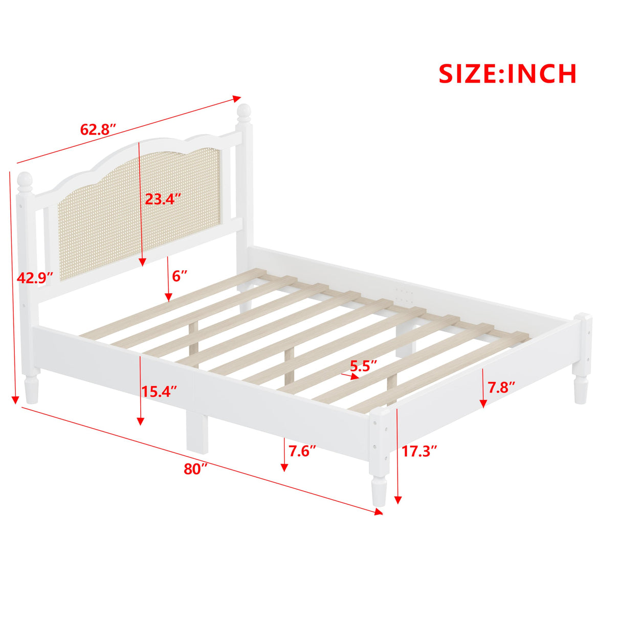 MaiDeHaoo Rattan Bed Frame Queen with Natural Rattan Headboard Wood Boho Bed Frame Queen with 12 Wooden Slats Support Noise Free - White MaiDeHaoo
